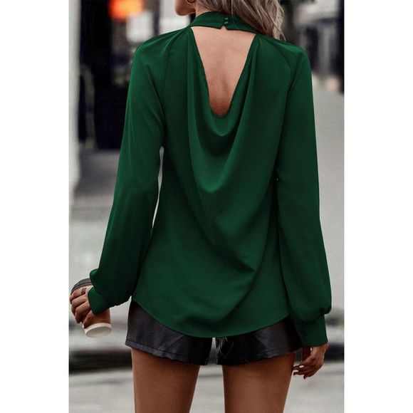 Azura Exchange  Green Cutout Back Ruched Mock Neck Blouse - Picture 2 of 15